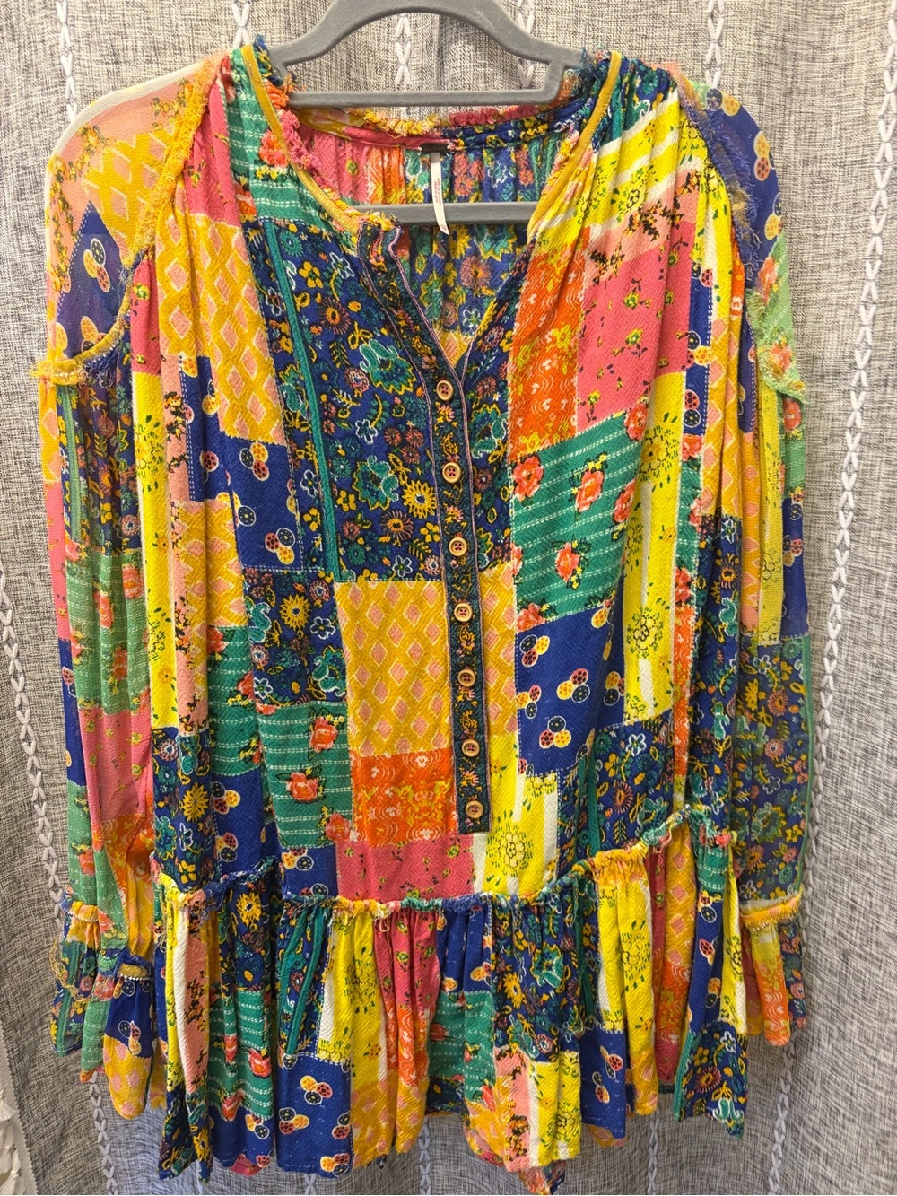 Free People Multicolor Floral Patchwork Top in Blue, Yellow, Orange